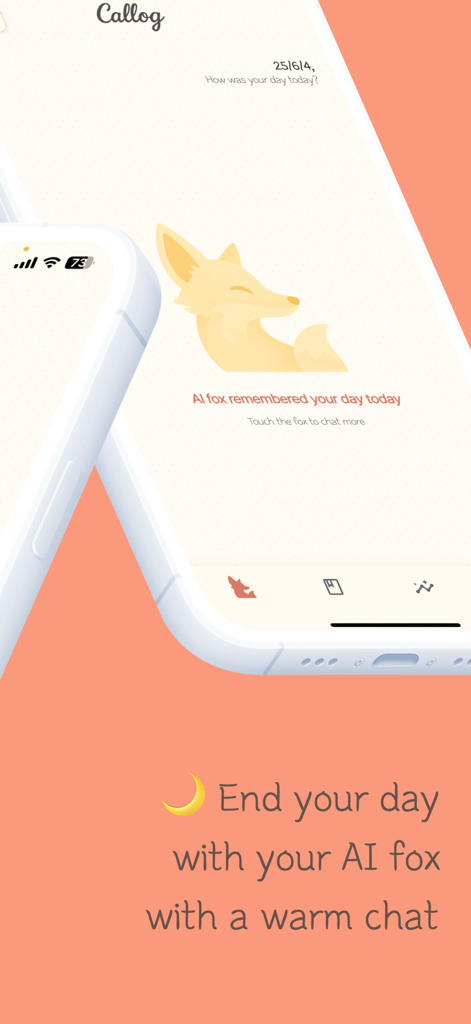 Callog - AI Diary - Interface of the Callog AI Diary app featuring the AI Fox character and a prompt for a warm end-of-day chat.