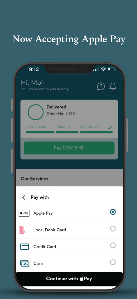 The Laundry House - La pantalla de pago de la aplicación The Laundry House mostrando Apple Pay como método de pago seleccionado para un pedido de lavandería.