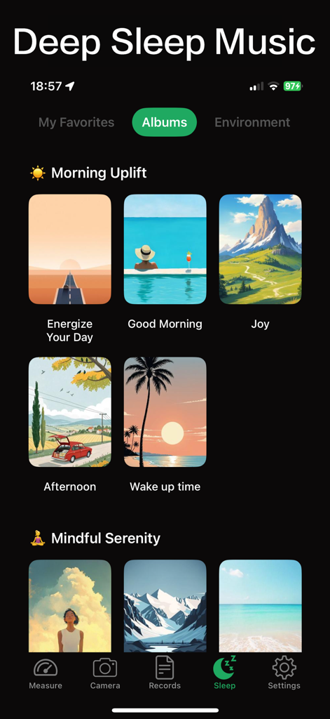 Interface of the Deep Sleep Music section in the Decibel Meter app showing various sound albums and categories