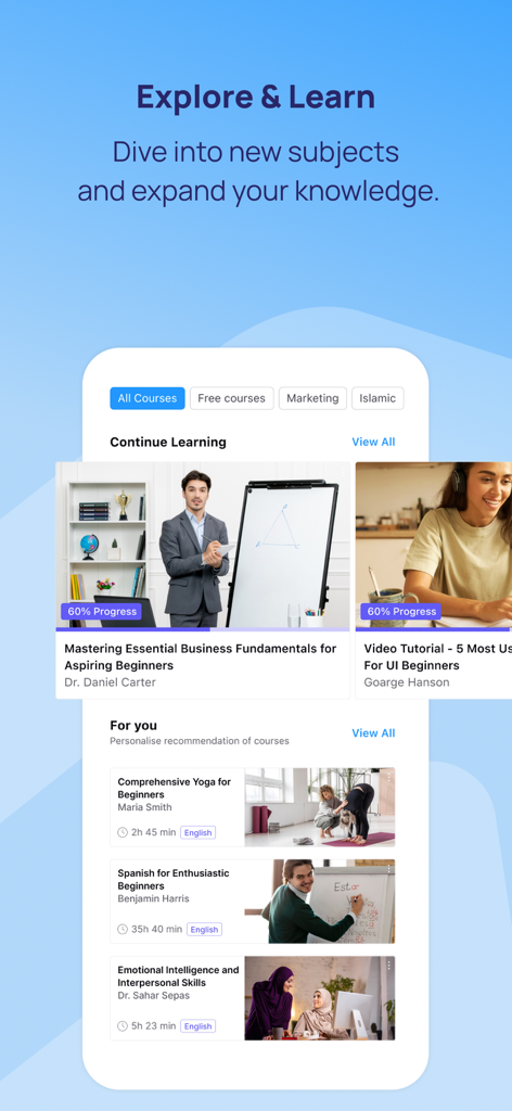 Reab: Safe Social & Supper App - Reab app interface showing the Explore and Learn section with various online courses including business marketing yoga and language learning