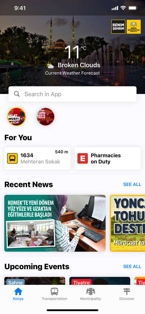 Konya City Guide mobile app interface showing current weather bus schedules and city news