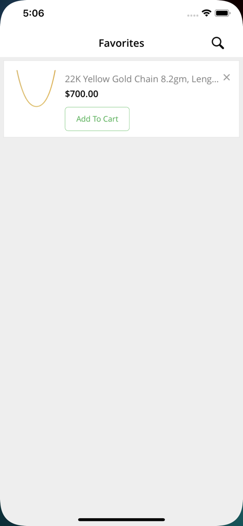 The Favorites screen of the Virani Jewelers app displaying a 22K yellow gold chain with an option to add to cart.