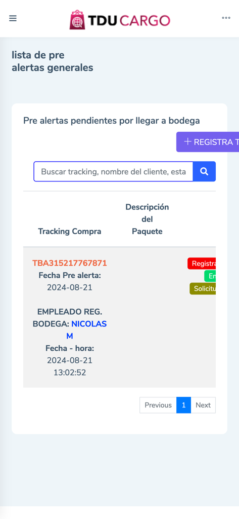 TDU Cargo - TDU Cargo mobile app screen showing pending warehouse pre alerts and tracking information