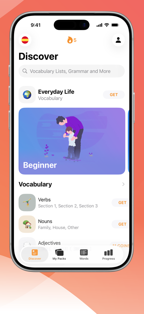 Main discover screen of the Learn Spanish with LENGO app showing vocabulary categories like verbs and nouns for beginners.