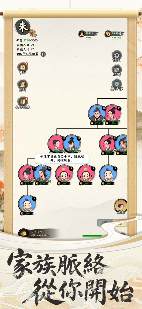 三國人生 - 模擬三國時代文字選擇遊戲 - Una interfaz de árbol genealógico en el juego simulador Three Kingdoms Life que muestra el linaje de los personajes y la gestión de recursos sobre un fondo de pergamino tradicional.