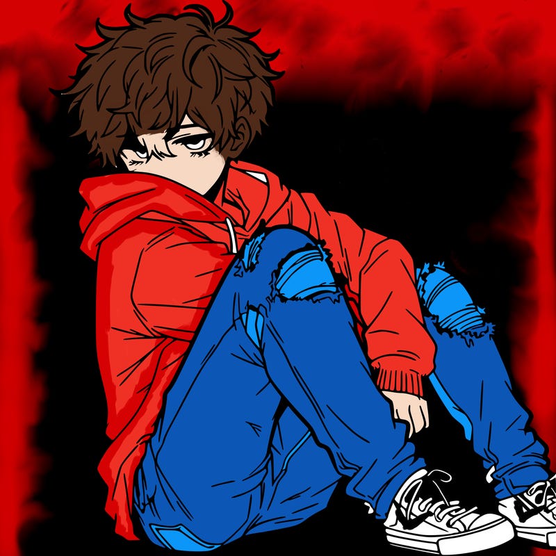 a male hoddie ripped jeans messy hair anime