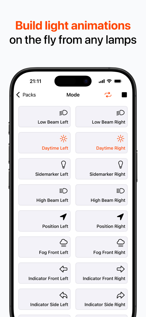 BimmerLight app interface for real-time control of BMW headlights and light animations