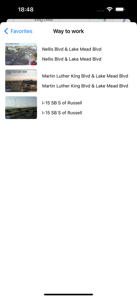 A screenshot of the favorites screen in the USA Traffic Cameras app showing a list of saved traffic cameras for a work commute.