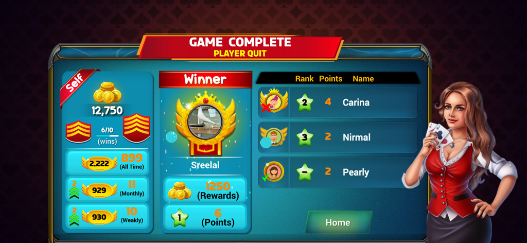 Bhabhi Thulla Online Card Game - Bhabhi Thulla card game completion screen with winner details and leaderboard