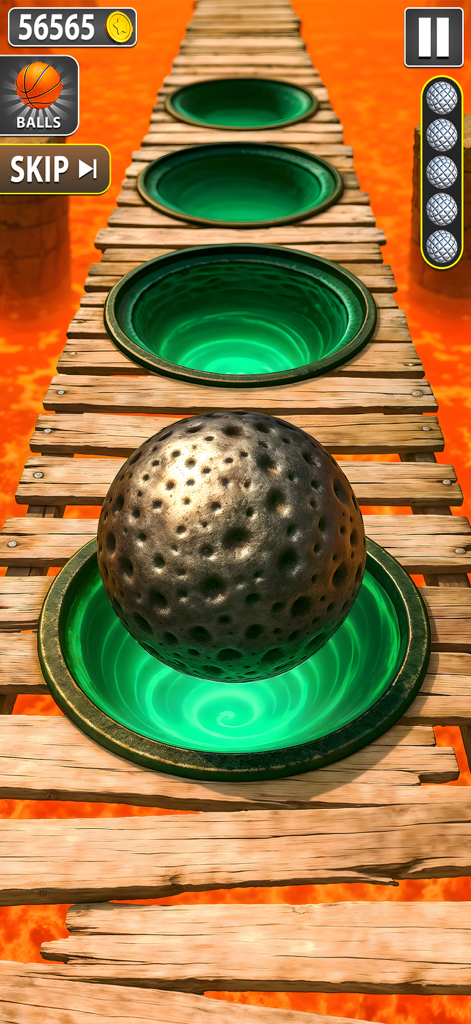 Rollance Sky Rolling Ball Game - Uma bola 3D navegando por uma ponte de madeira estreita sobre um poço de lava com portais verdes brilhantes no Jogo Rollance Sky Rolling Ball.