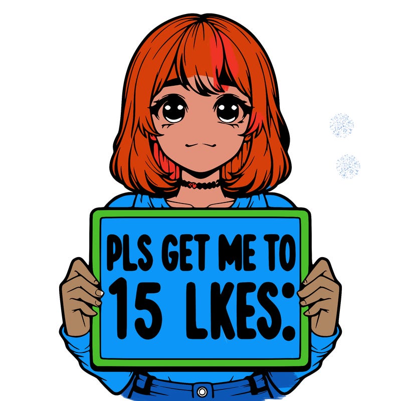 realistic girl holding up a sign that says “pls get me to 15 likes!”