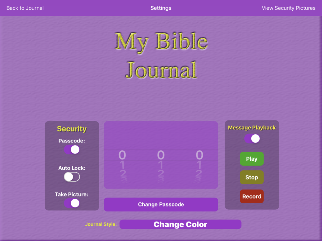 My Bible Journal - The settings interface of My Bible Journal showing security options like passcode and intruder capture alongside message playback controls.