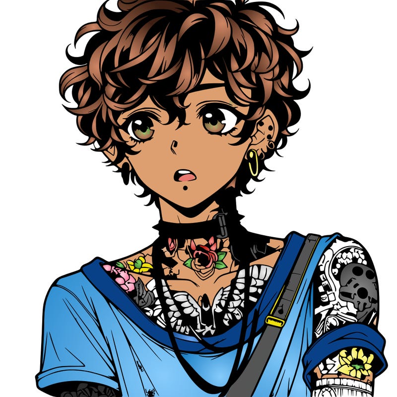 teen anime boy with curly hair  goth shirt lots of tattos and piercings