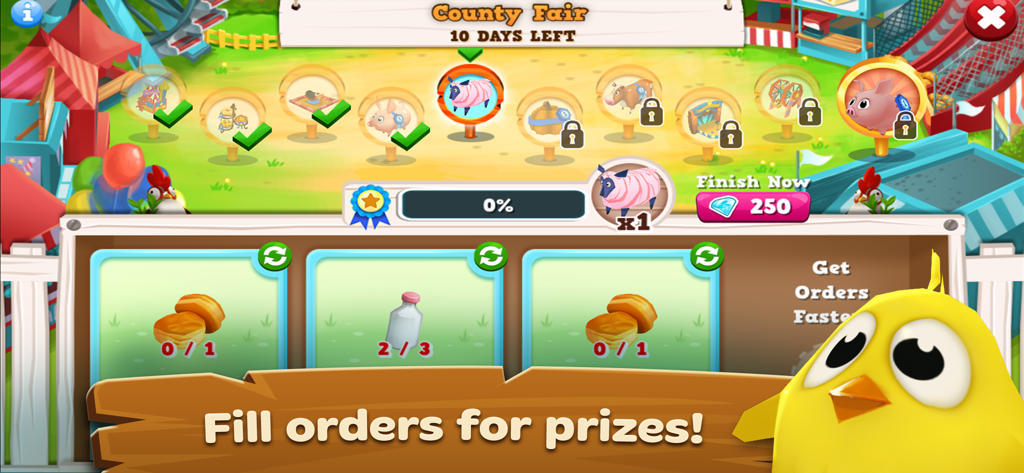 Farm Story 2™ - Gameplay screenshot of Farm Story 2 showing a County Fair event screen where players fill orders for prizes with a cute yellow chick character.