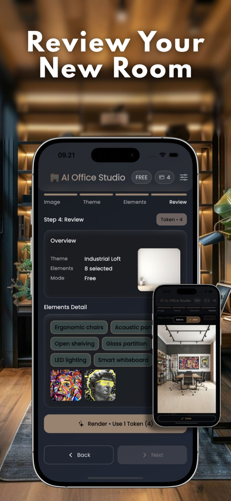 Mobile App-Oberfläche von AI Office, die eine Überprüfung eines industriellen Loft-Arbeitsplatzdesigns vor dem Rendering zeigt