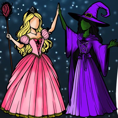 detailed realistic split of a princess and a witch