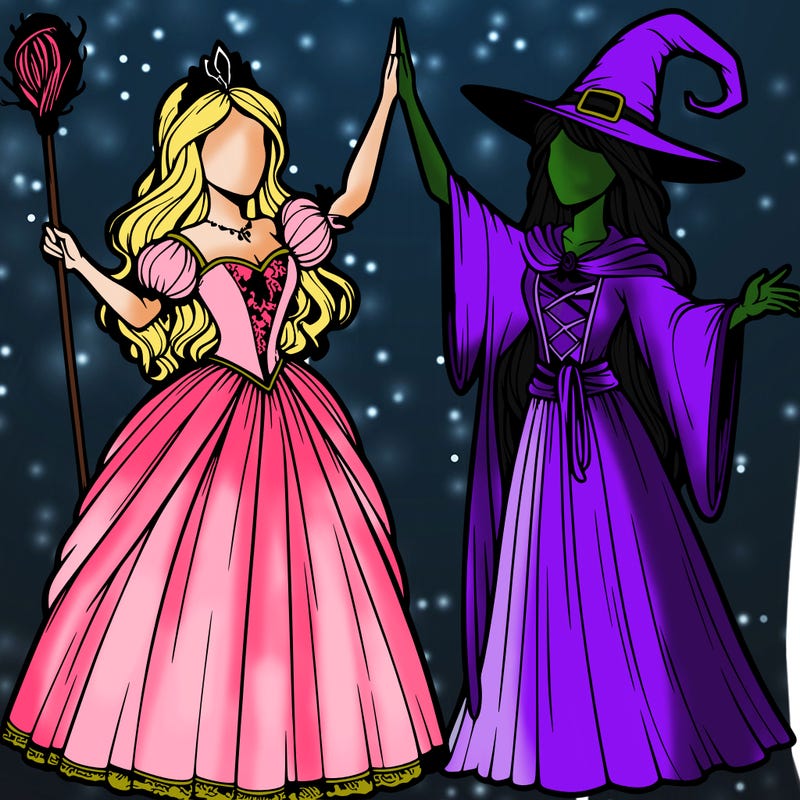 detailed realistic split of a princess and a witch