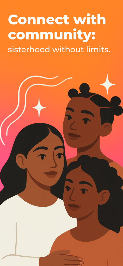 Eshe: Cycle, Health & AI guide - Illustration of three diverse women with the text Connect with community: sisterhood without limits
