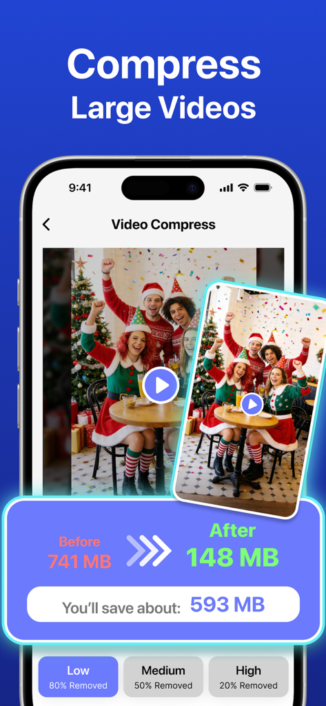 Cleava - Clean Up Storage - Cleava 앱 인터페이스, 500MB 이상의 저장 공간을 절약하는 대용량 동영상 압축 기능 표시