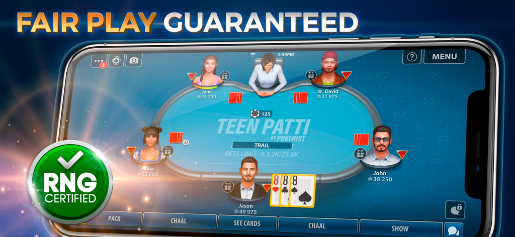 Teen Patti by Pokerist 3D gameplay screen with fair play guarantee and RNG certified badge