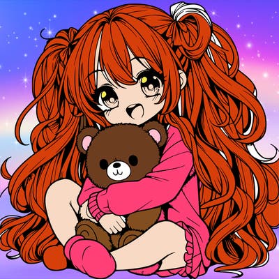 manga girl, long curly hair, happy, cuddling a teddy bear