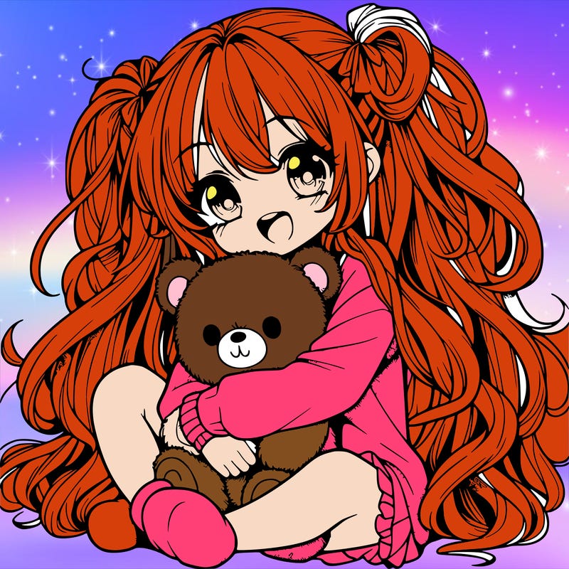 manga girl, long curly hair, happy, cuddling a teddy bear