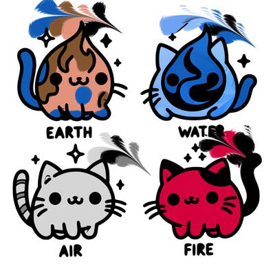 4 cats that represent the different elements, earth, water, air, and fire