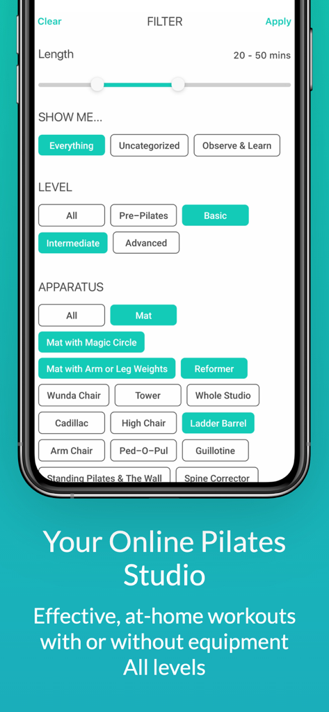 A mobile interface for the Pilatesology app displaying workout filters for length, level, and apparatus.