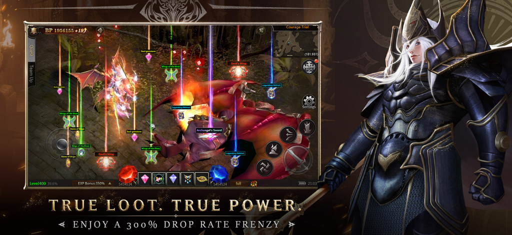 MU Immortal - Gameplay de MU Immortal mostrando a un personaje luchando contra un dragón con múltiples objetos cayendo y un guerrero con armadura oscura.