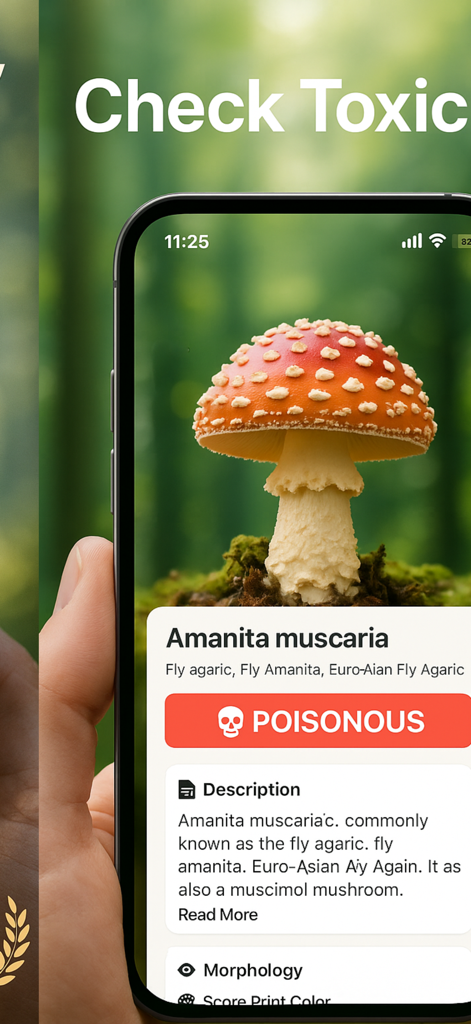 Mushroom Identifier: FungiSnap - FungiSnapアプリ画面に、明確な警告ラベルが付いた毒キノコであるベニテングダケを識別して表示