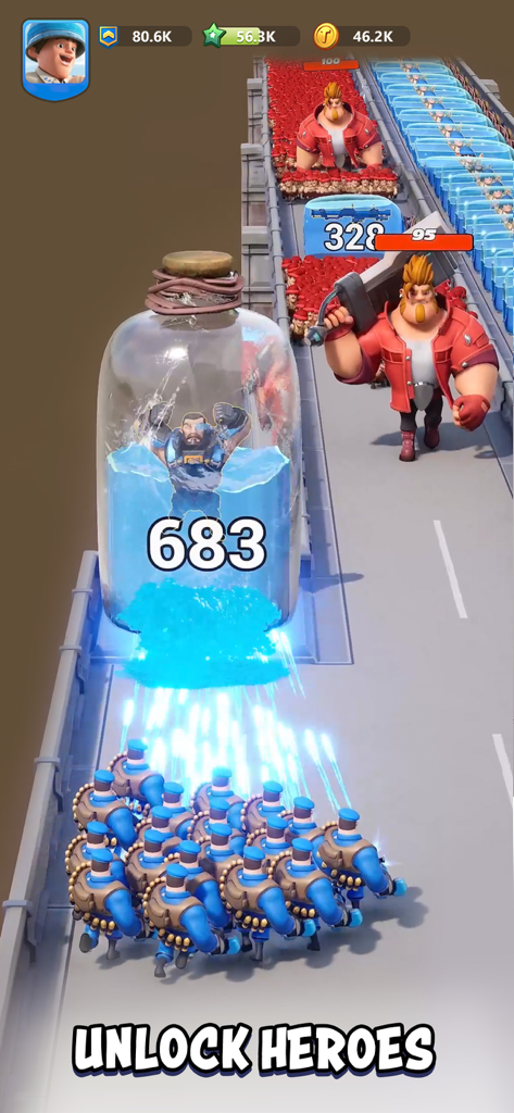Juego móvil Top War Battle Game mostrando combate de ejércitos y el texto desbloquear héroes
