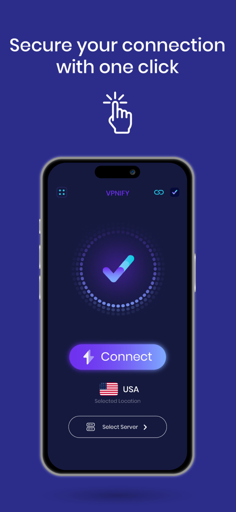 VPNIFY app screenshot showing the one click connect interface with a USA server selected