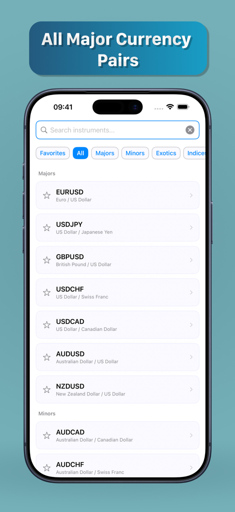 Mobile app interface showing a list of major forex currency pairs like EURUSD and GBPUSD