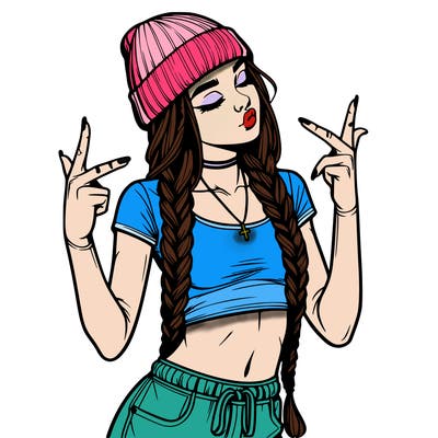 realistic teenage girl with braids and a beanie and crop top doing 🫶🏼