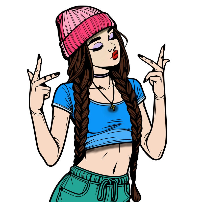 realistic teenage girl with braids and a beanie and crop top doing 🫶🏼