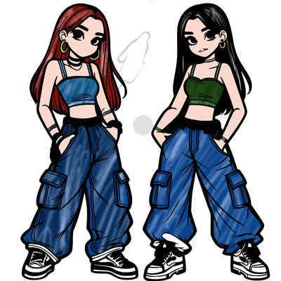 2 teen girls wearing baggy cargo jeans and crop tops