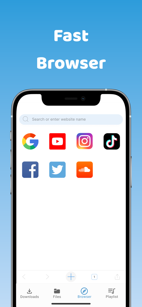 Captura de pantalla del iPhone que muestra la interfaz del navegador rápido con accesos directos a Google, YouTube y TikTok