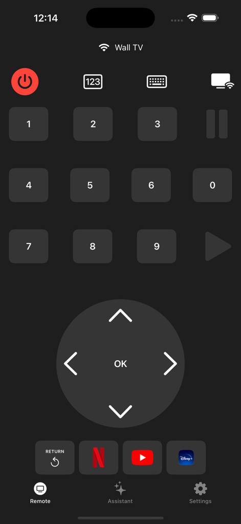 TV Remote • Universal Control - Écran de smartphone montrant une interface de télécommande TV numérique avec un pavé numérique et des commandes de navigation