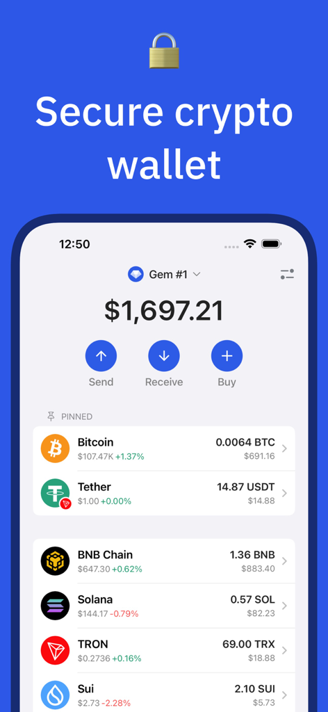 Gem - Crypto & USDT Wallet - Oberfläche von Gem Wallet, die ein sicheres Krypto-Portfolio mit verschiedenen Coin-Guthaben anzeigt