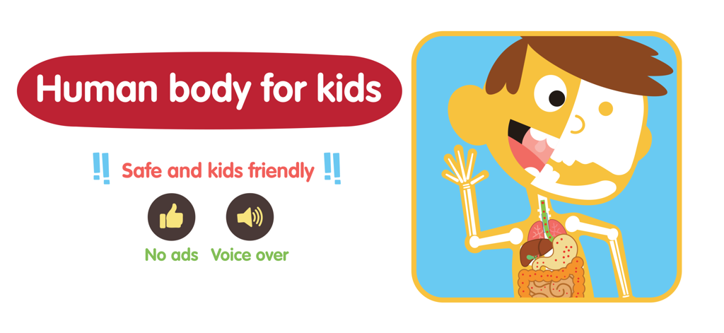 Human Body for Kids - Anatomy - Banner de la aplicación de anatomía Cuerpo Humano para Niños que muestra órganos internos y distintivos de seguridad