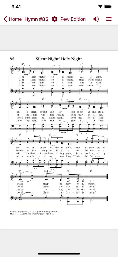 Lift Up Your Hearts Hymnal - Sheet music for the hymn Silent Night in the Lift Up Your Hearts Hymnal app