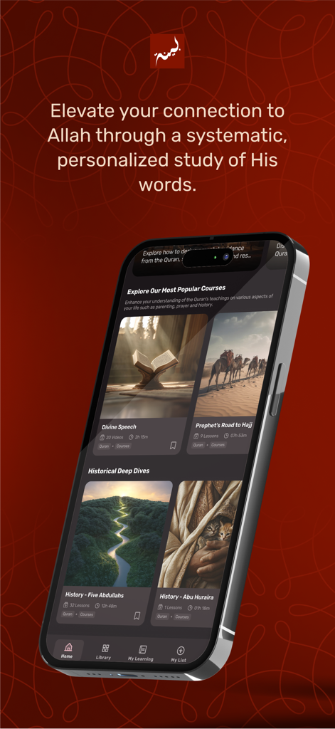 Bayyinah TV app showing Islamic educational courses like Divine Speech and Historical Deep Dives on a smartphone screen.