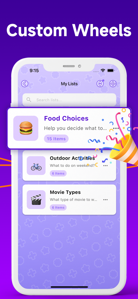Wheel Spinner • Random Picker - Interface showing custom decision wheels for food choices and outdoor activities