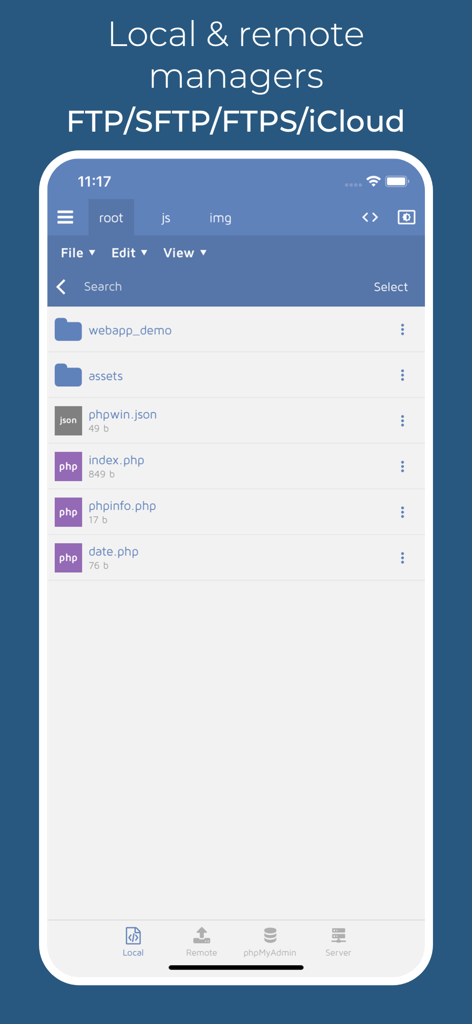 phpwin - Interface of phpwin app showing a list of PHP files and local and remote file management options