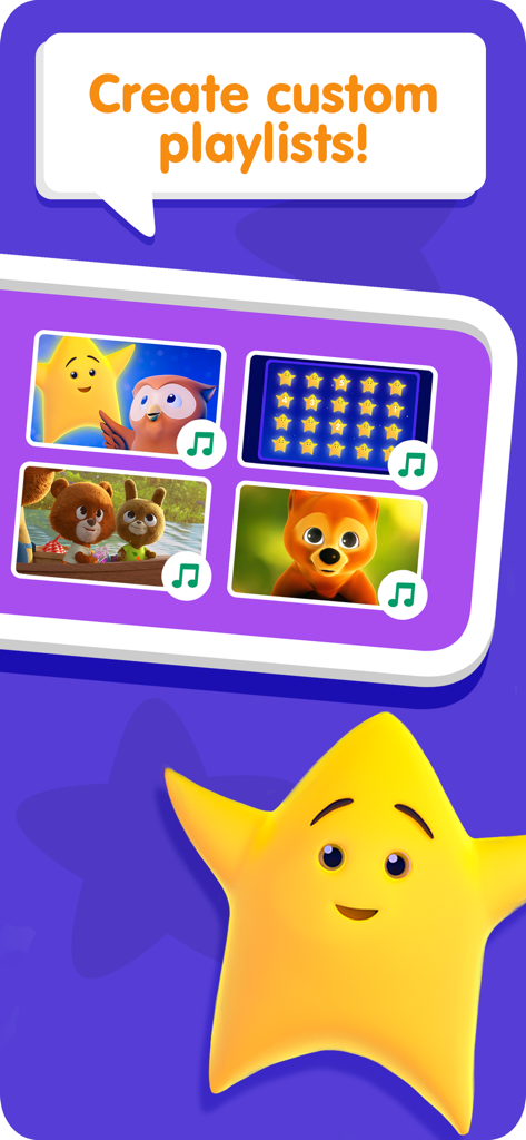 Oberfläche der Super Simple Kids Songs App, die zeigt, wie benutzerdefinierte Wiedergabelisten von Kinderreimvideos mit einer lächelnden gelben Sternfigur erstellt werden.