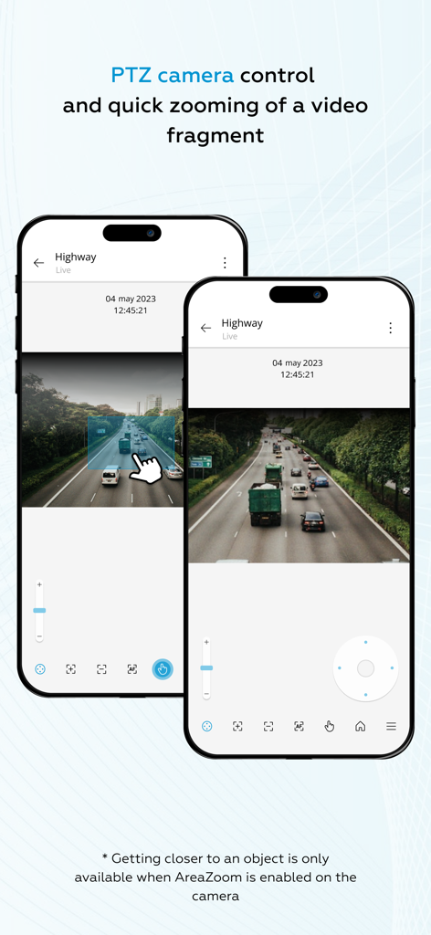 Eocortex - Eocortex mobile App-Oberfläche mit PTZ-Kamerasteuerung und AreaZoom auf einem Live-Videostream.