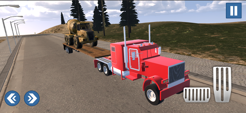 Un camión semirremolque rojo transportando una hormigonera amarilla en un remolque en American Truck Simulator Era.
