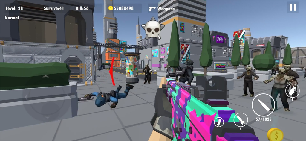 Survival: Offline Zombie War - First-person view of a player holding a colorful assault rifle while facing zombies in a low-poly city environment.