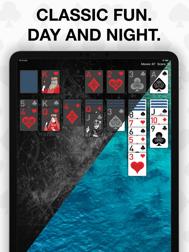 Real Solitaire for iPad - Solitaire Real para iPad apresentando temas e estilos de cartas personalizáveis de dia e noite