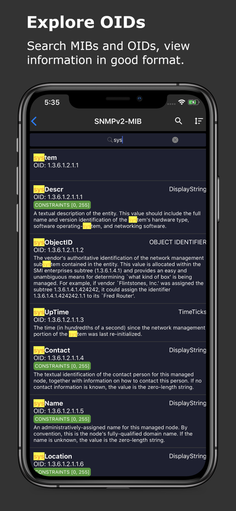 SNMP & SSH Terminal - MIB explorer interface showing SNMP OID search results and descriptions